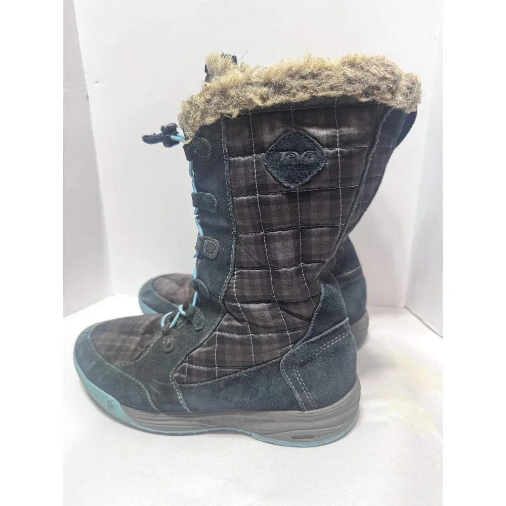 Teva Girls Waterproof Winter Boots Suede Plaid Faux Fur Black Blue sz 3